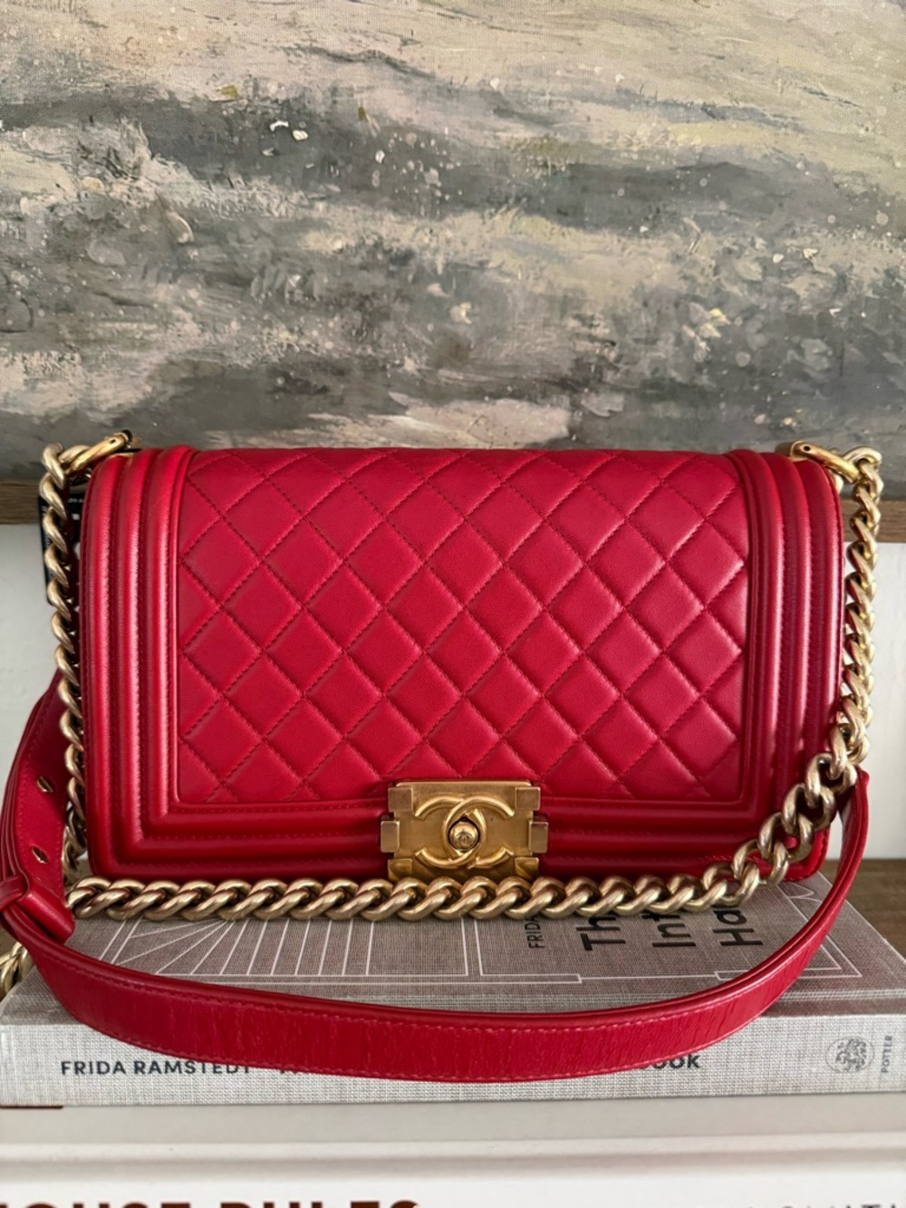 CHANEL Red Quilted Leather Chain Shoulder Bag with Gold Hardware